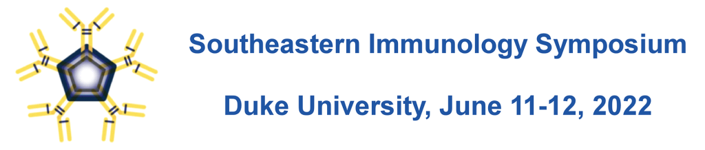 Logo for the Southeastern Immunology Symposium at Duke University, June 11-12, 2022, featuring a stylized molecular structure with a dark pentagon center surrounded by yellow Y-shaped antibody symbols arranged in a circular pattern.