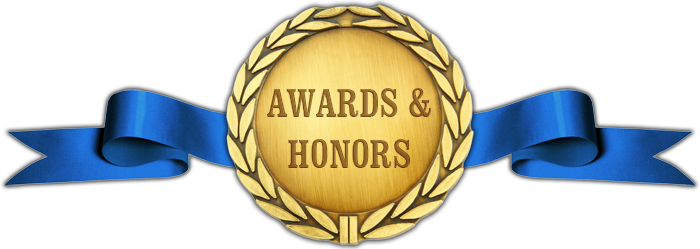 Image of gold medal with a blue ribbon and the text 'Awards & Honors'.